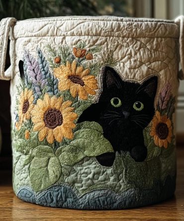 Noir Kitty Quilted Laundry Hamper — Sleek Black Cat Print Foldable Laundry Basket For Modern Bedrooms & Apartments