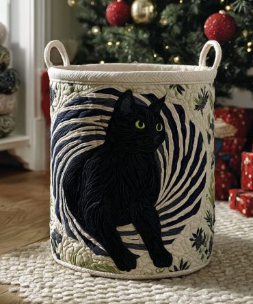 Noir Whisker Quilted Laundry Hamper — Sleek Black Cat-Print Foldable Basket With Handles , Modern Bedroom & Apartment Organizer