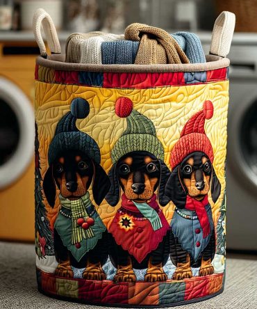 Nordic Dachshund Friends Quilted Laundry Hamper – Scandinavian Dog Pattern Storage Bin, Foldable Washable Fabric Hamper With Handles
