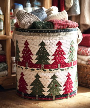 Nordic Pine Rows Quilted Laundry Basket — Scandi-Inspired Pine Pattern, Soft Quilted Fabric Hamper, Collapsible Storage Solution