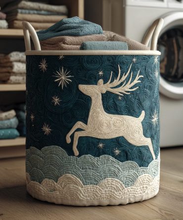 Nordic Reindeer Quilted Laundry Hamper - Scandinavian Foldable Laundry Basket With Soft Quilting & Easy-Carry Handles