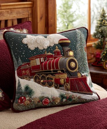 North Pole Express Quilted Holiday Pillow Cover — Vintage Train Christmas Throw For Mantel, Sofa & Seasonal Displays