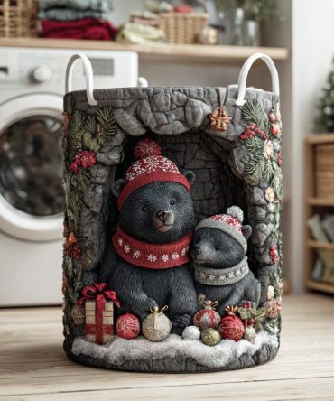 Northern Bear Spirit Quilted Laundry Hamper — Large Forest Bear Pattern Fabric Basket, Collapsible Storage With Handles For Stylish Home Organization