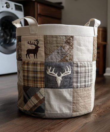Northern Buck Quilted Laundry Hamper — Northern Buck Pattern Fabric Basket, Collapsible Laundry Organizer With Reinforced Handles