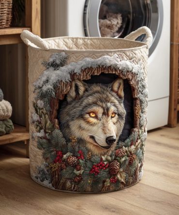 Decorative Quilted Laundry Hamper With Northern Wolf Trail Print — Large Collapsible Fabric Basket, Sturdy Handles For Bedroom & Nursery Storage