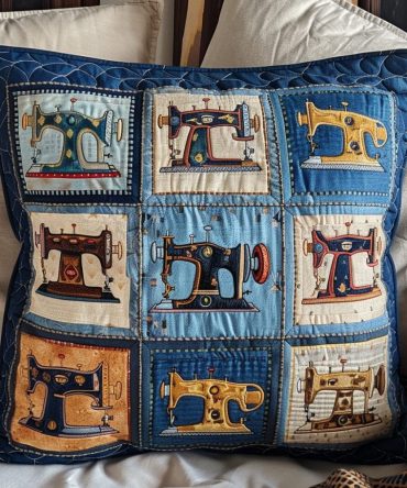 Retro Sewing Machine Quilted Pillow Cover — Vintage Sewing Room Throw Accent, Soft Cotton-Blend Decor