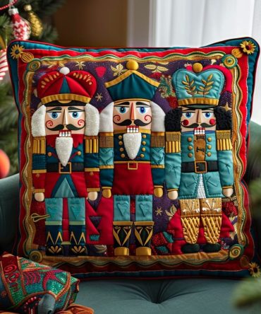 Nutcracker Parade Quilted Pillow Cover - Elegant Nutcracker Christmas Throw Pillowcase For Living Room & Bedroom , Decorative, Machine Washable