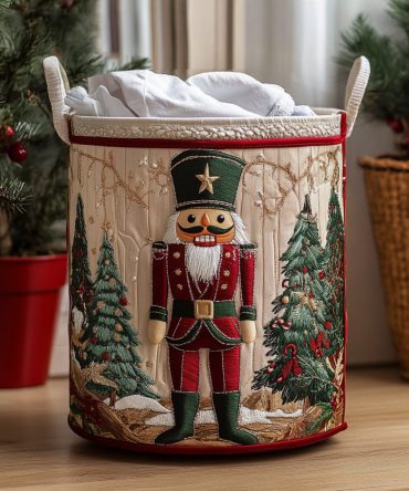 Nutcracker Guard Quilted Hamper — Festive Nutcracker Holiday Laundry Basket, Quilted Decor Storage With Reinforced Base & Carry Handles