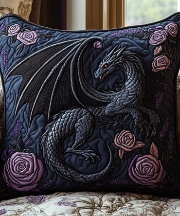 Obsidian Wyrm Quilted Dragon Pillow Cover — Dark Fantasy Dragon Motif, Quilted Texture With Hidden Zipper, Machine-Washable Gothic & Modern Accent For Bold Interiors