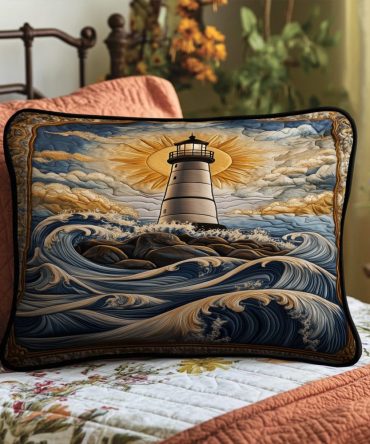 Ocean Breeze Lighthouse Quilted Pillow Cover — Nautical Coastal Sham, Seaside Print, Soft Quilting, Durable & Machine Washable Accent