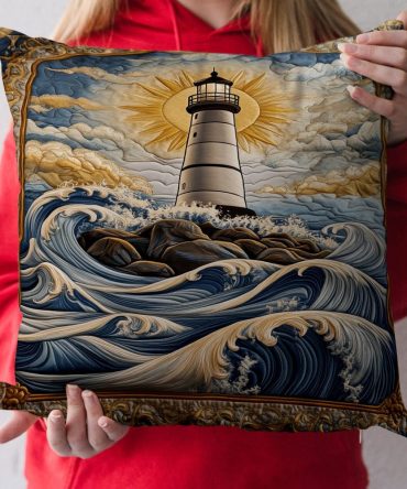 Coastal Lighthouse Quilted Throw Pillow Cover — Ocean Breeze Decorative Cushion, Nautical Lighthouse Accent For Beachhouse Style