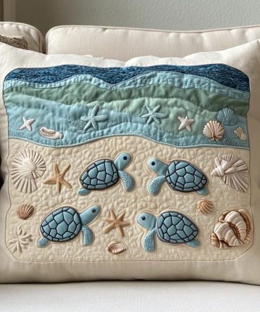 Ocean Waves Quilted Pillow Sham, Nautical Blue Wave Throw Pillow Cover For Coastal Living Rooms & Bedrooms, Soft Quilted Texture