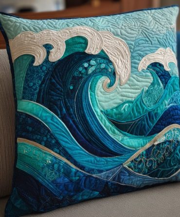 Ocean Waves Quilted Throw Pillow Cover — Serene Coastal Decorative Cushion Case For Beach House, Sofa & Patio Styling