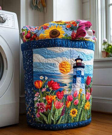 Ocean Beacon Quilted Laundry Hamper — Seaside Quilted Foldable Basket With Reinforced Handles For Coastal Home Storage & Decor