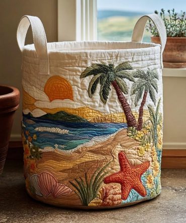 Ocean Bliss Quilted Laundry Hamper - Serene Foldable Laundry Basket With Nautical Design, Durable Home Storage For Towels & Clothes