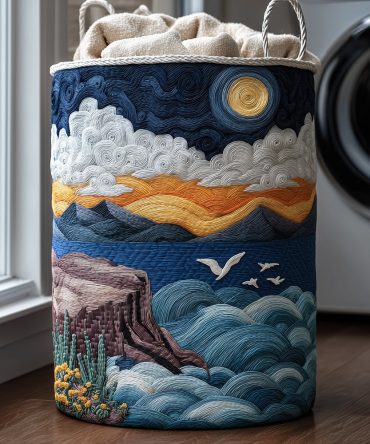 Ocean Bliss Quilted Fabric Hamper - Calm Sea Blue Design Collapsible Laundry Basket For Coastal Décor, Bedroom & Bath, Sturdy And Foldable