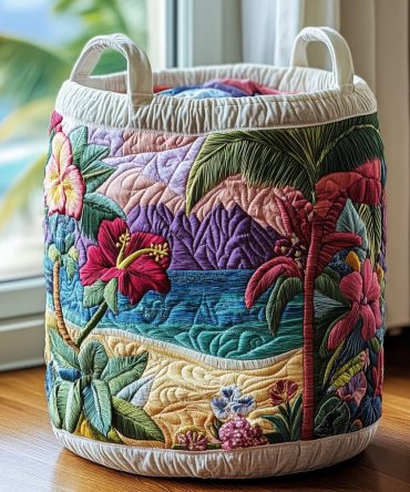 Ocean Bloom Quilted Laundry Hamper - Floral Coastal Quilted Basket, Collapsible Durable Lined Hamper For Bathroom & Bedroom