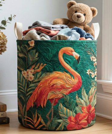 Ocean Breeze Flamingo Quilted Laundry Hamper - Tropical Foldable Laundry Organizer, Durable Handles, Machine-Washable Fabric For Beachy Homes