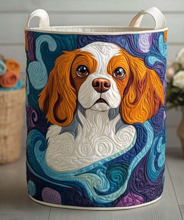 Ocean Breeze Pup Quilted Laundry Hamper — Coastal Puppy Print Fabric Basket, Collapsible & Lightweight For Kids' Rooms