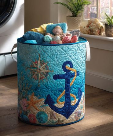 Ocean Compass Quilted Fabric Hamper – Large Collapsible Decorative Laundry Basket, Machine-Washable With Sturdy Handles For Coastal Rooms