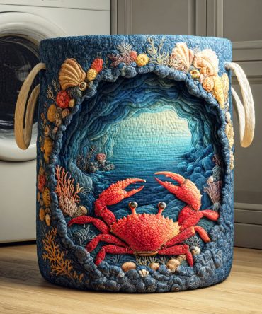 Ocean Crab Quilted Laundry Hamper — Coastal Crab Pattern Foldable Laundry Basket, Spacious Kids & Beach House Storage Solution