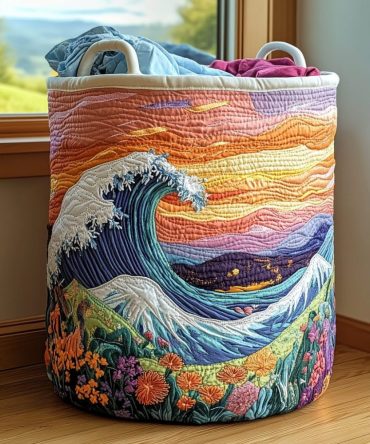 Ocean Drift Quilted Laundry Hamper — Coastal Blue Fabric Basket, Foldable Laundry Storage With Handles For Bathroom