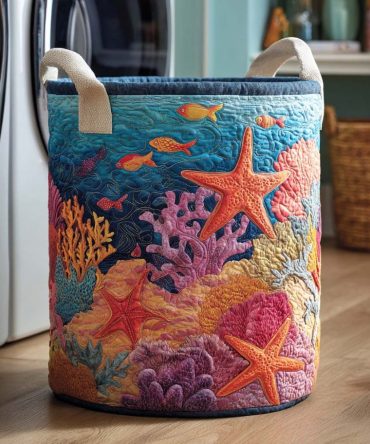 Ocean Drift Quilted Laundry Hamper — Tranquil Blue Wave Laundry Basket With Sturdy Handles For Coastal-Inspired Organization & Storage