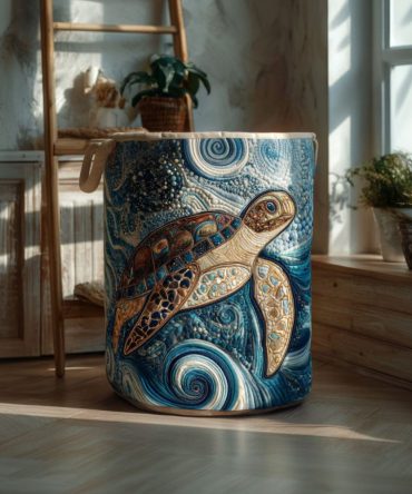 Ocean Drift Sea Turtle Quilted Hamper — Stylish Foldable Laundry Basket, Large Durable Fabric Organizer For Coastal & Nautical Interiors