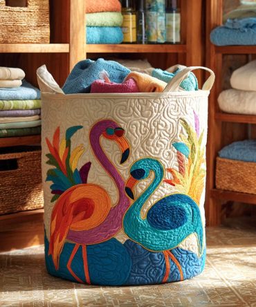 Ocean Flamingo Quilted Laundry Hamper — Coastal Flamingo & Ocean Print Foldable Laundry Organizer With Handles , Seaside Bedroom Storage