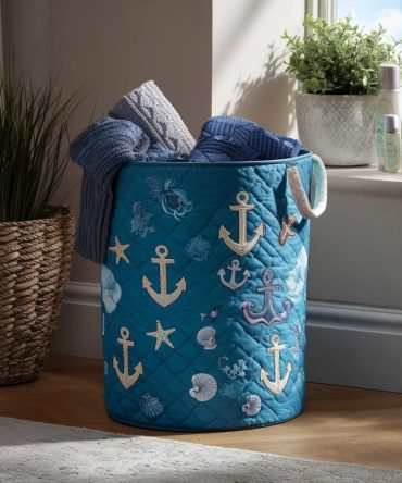 Ocean Giggles Quilted Laundry Hamper — Playful Marine Pattern Fabric Storage With Handles, Durable Foldable Design For Kids’ Rooms & Family Laundry