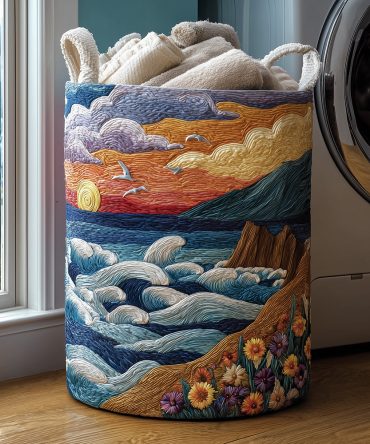 Ocean Glow Quilted Hamper - Shimmering Ocean Print Collapsible Laundry Basket For Beach House, Bathroom & Dorm, Lightweight, Machine-Washable