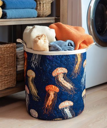 Ocean Glow Jellyfish Quilted Laundry Hamper — Foldable Waterproof Basket For Kids Bedroom & Nursery Storage, Durable Handles