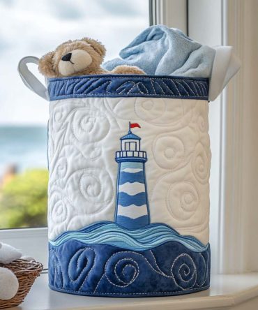 Ocean Light Keeper Quilted Laundry Hamper — Stylish Coastal Fabric Basket, Foldable With Durable Handles For Laundry & Linen Storage