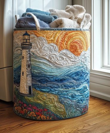 Ocean Light Quilted Laundry Hamper — Serene Wave Print Storage Basket, Collapsible Fabric Hamper With Strong Handles