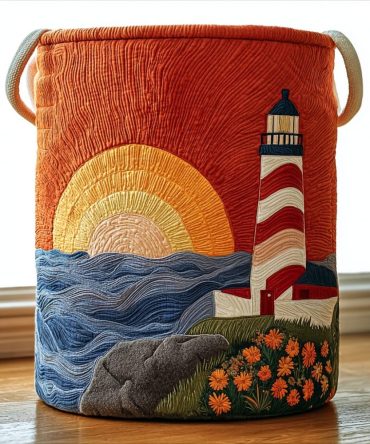 Coastal Ocean Lighthouse Quilted Hamper - Foldable Nautical Laundry Basket With Handles, Durable Quilted Fabric For Beach House & Bathroom