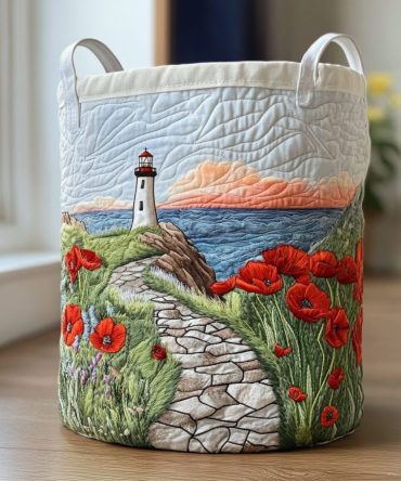 Coastal Lighthouse Quilted Laundry Basket — Large Collapsible Quilted Laundry Hamper With Handles, Stylish Ocean-Inspired Storage