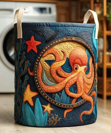 Ocean Octopus Quilted Laundry Hamper - Marine Blue Octopus Print Fabric Hamper With Handles, Stylish Coastal Storage For Bedroom & Bath