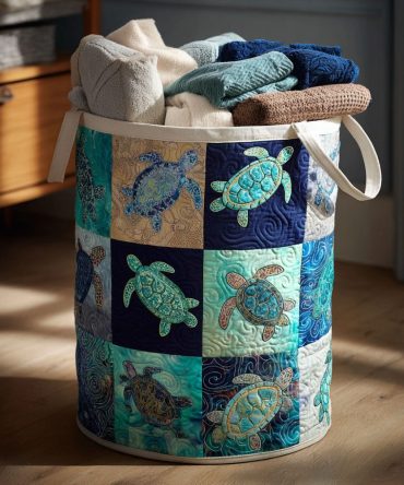Ocean Patch Quilted Laundry Hamper — Stylish Quilted Fabric Basket With Handles For Spacious, Foldable Clothes Storage