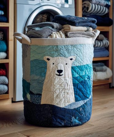 Ocean Polar Bear Quilted Laundry Hamper — Cute Coastal Animal Print Quilted Basket With Handles, Collapsible & Washable, Kid-Friendly Storage