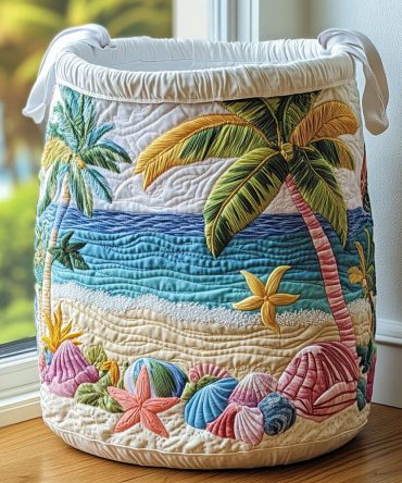 Ocean Serenity Quilted Laundry Hamper — Calm Sea-Tone Print Storage Basket, Collapsible Fabric Hamper With Strong Handles