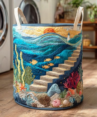 Ocean Stairs Descent Quilted Hamper – Large Waterproof-Feeling Fabric Laundry Basket, Foldable Design, Reinforced Handles For Easy Carry