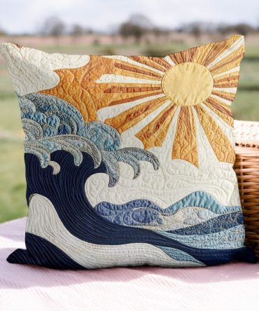 Coastal Sunrise Quilted Pillow Cover - Nautical Decorative Throw Pillowcase For Bed & Sofa, Soft Cotton Accent