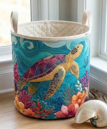 Ocean Turtle Bliss Quilted Laundry Hamper — Coastal Turtle Motif, Foldable Quilted Laundry Basket With Sturdy Handles & Liner-Friendly Design