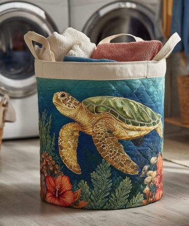 Ocean Turtle Deep Quilted Hamper — Marine-Inspired Turtle Print Laundry Basket, Collapsible Fabric Bin With Strong Handles
