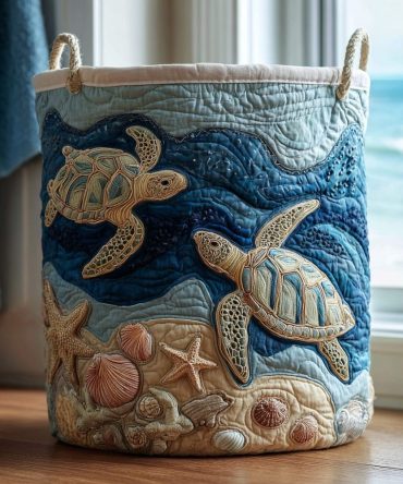 Ocean Turtle Quilted Laundry Hamper — Marine-Themed Washable Laundry Basket, Large Foldable Organizer With Sturdy Handles For Home