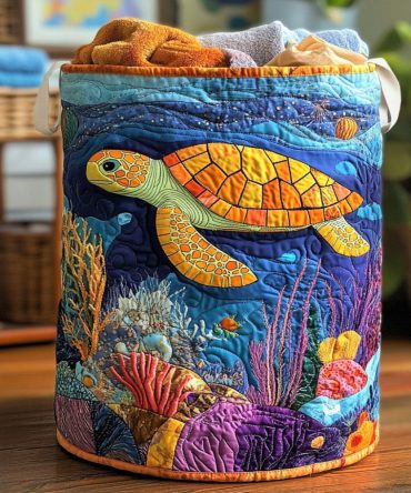 Coastal Sea Turtle Quilted Laundry Hamper — Large Collapsible Laundry Basket With Handles, Durable Decorative Organizer For Beach Homes