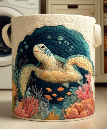 Ocean Turtle Quilted Laundry Hamper — Sea Turtle Themed Fabric Basket, Coastal Collapsible Laundry Organizer With Handles