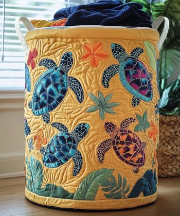 Ocean Turtles Quilted Laundry Hamper - Nautical Foldable Laundry Basket With Soft Quilted Fabric & Carry Handles