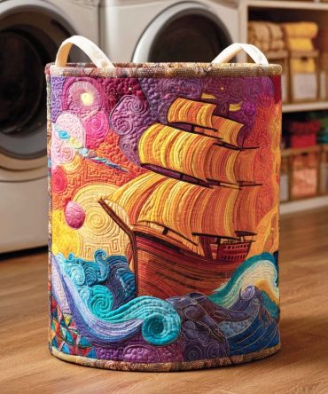 Ocean Voyage Quilted Laundry Hamper - Nautical Foldable Laundry Basket With Quilted Fabric, Handles & Sturdy Base