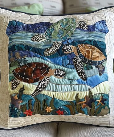 Ocean Voyage Quilted Pillow Cover - Nautical Sea Turtle Throw Pillowcase For Beach Living, Cottage Decor & Coastal Gift Giving